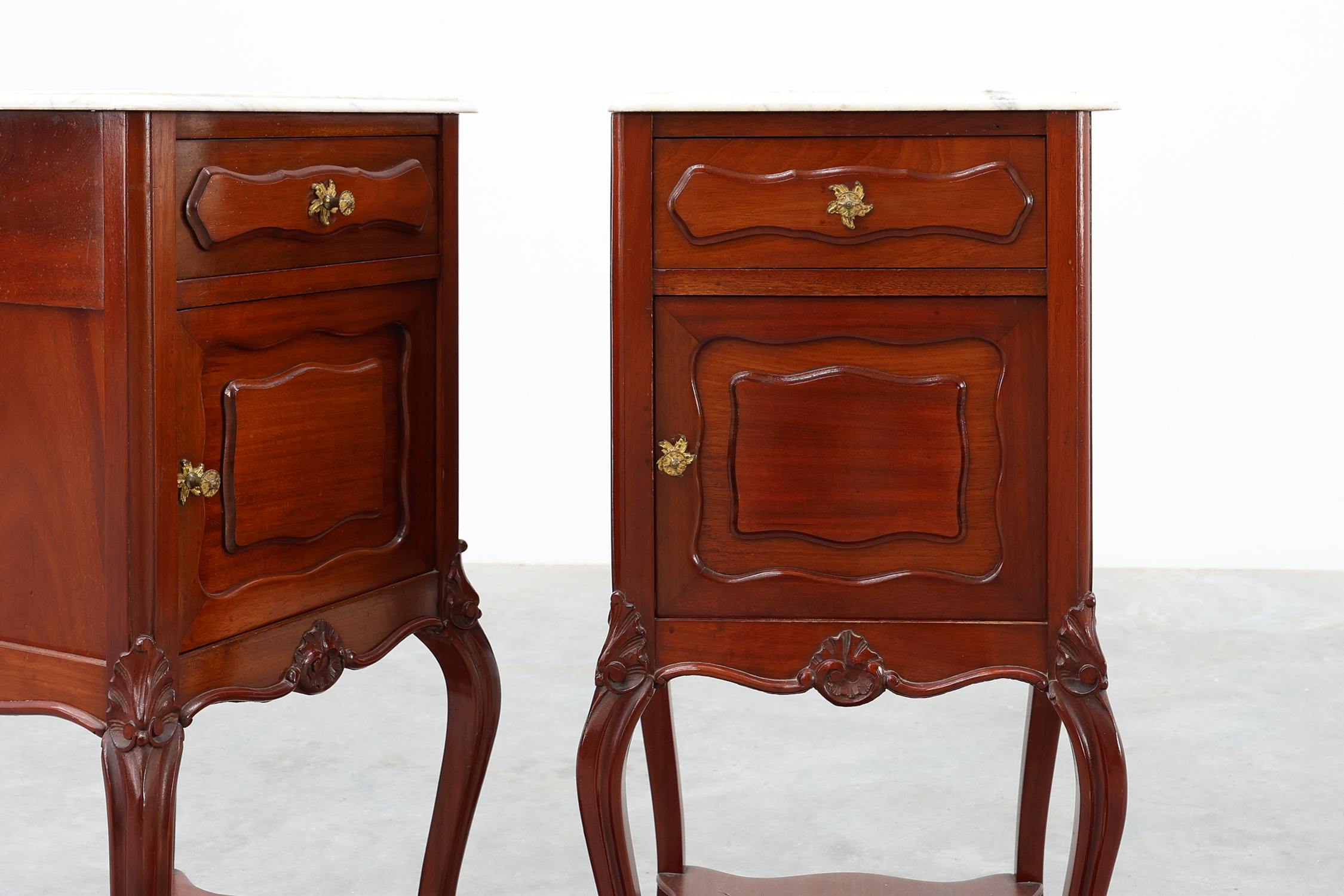 Pair of Walnut Louis XV style nightstands with Carrara marble tops, France ca. 1900thumbnail